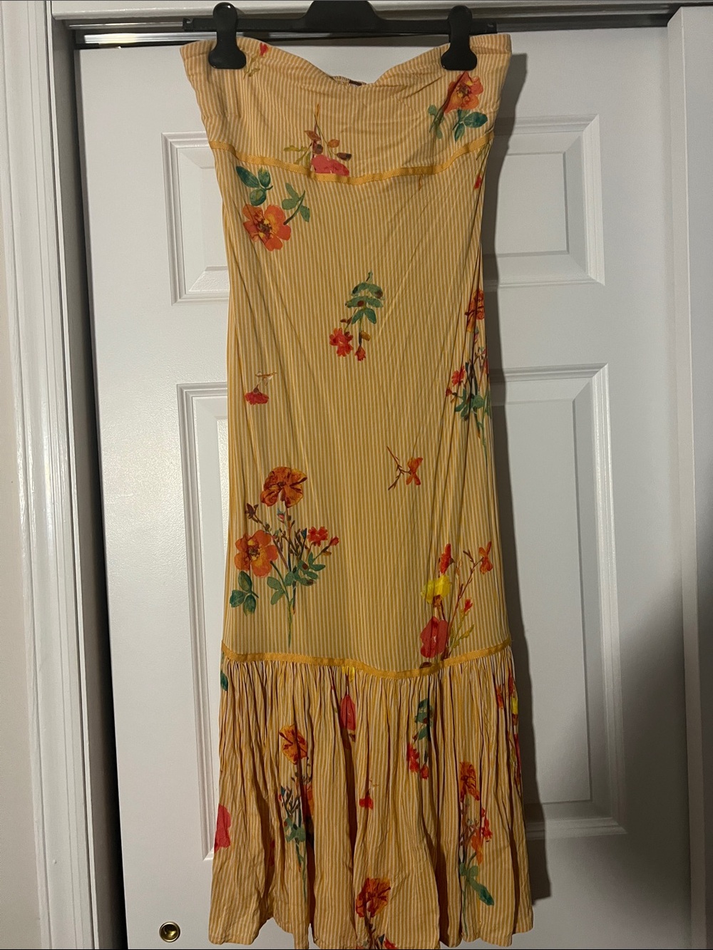 Anthropologie Yellow Floral Strapless Maxi Dress with Green Accents